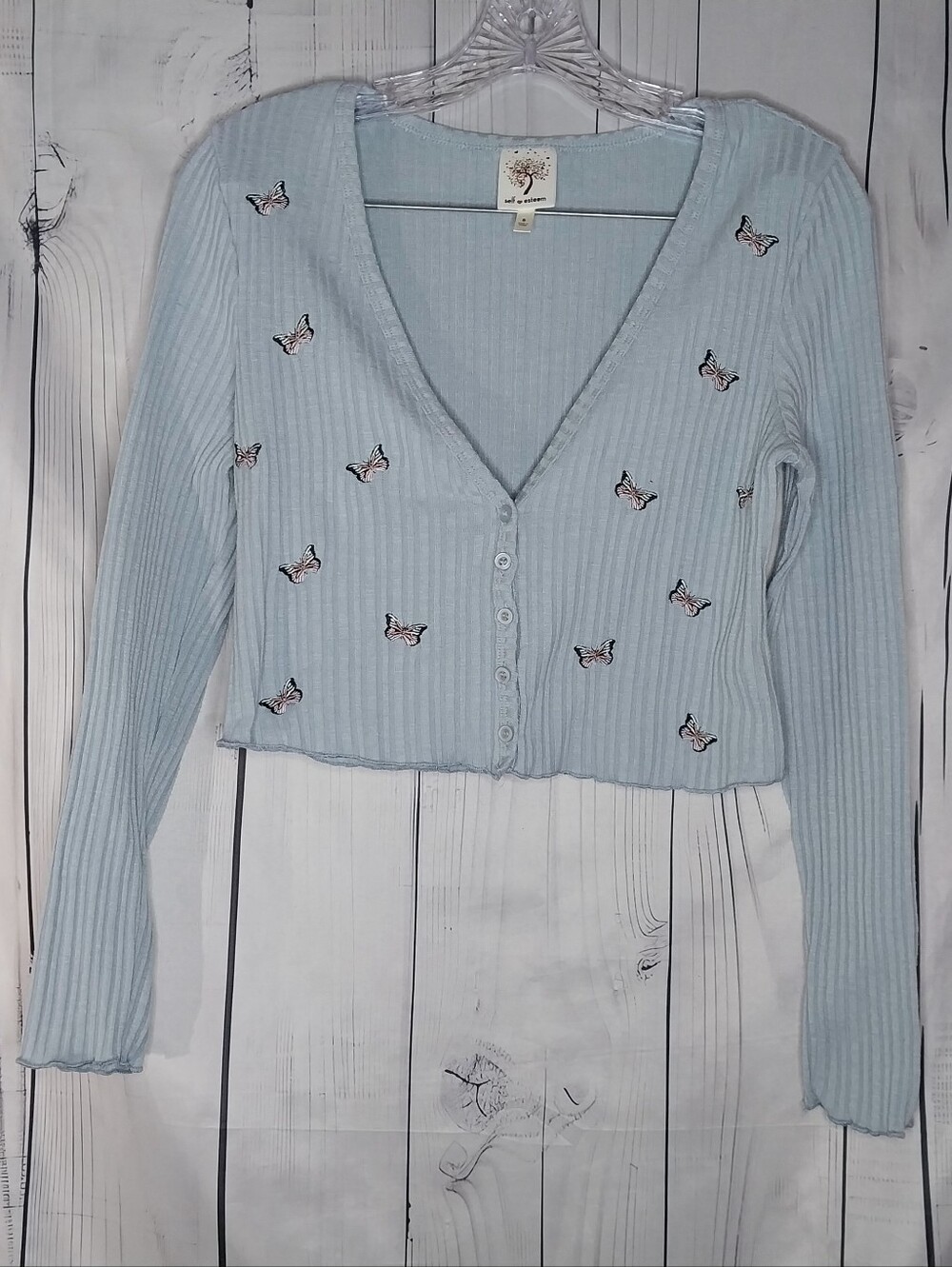 Self Esteem Light Blue Ribbed Butterfly Button-Front 90’s Y2K Coquette Crop Top